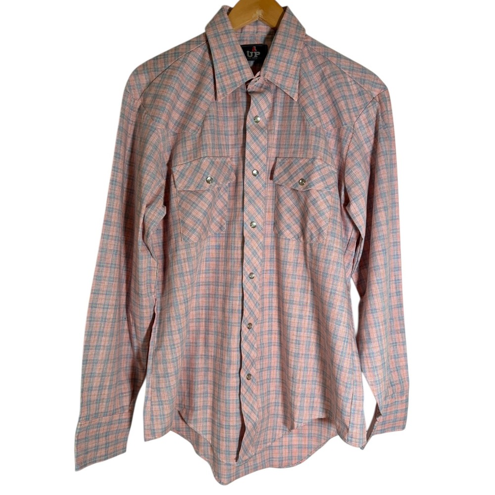 Vintage 70's 1 UP Men's Plaid Long Sleeve Pearl Snap Shirt Pink Blue Large - Picture 1 of 4
